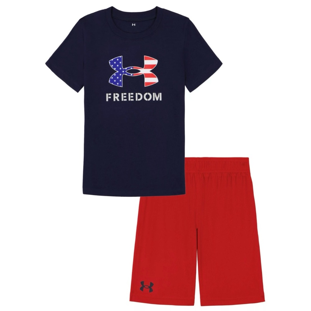 NEW Little Boy Under Armour Flag Logo Tee & Shorts Set, Red White Blue Size 6
